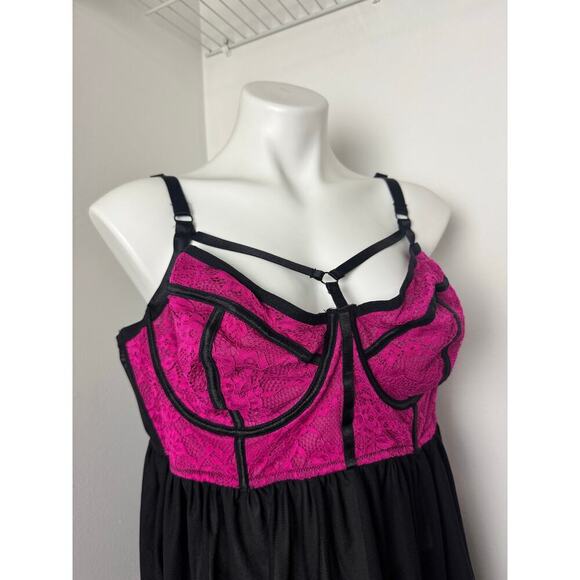 Torrid Womens Fuchsia/Hot Pink Black Strappy Lace with Mesh Babydoll 3X - Picture 4 of 10